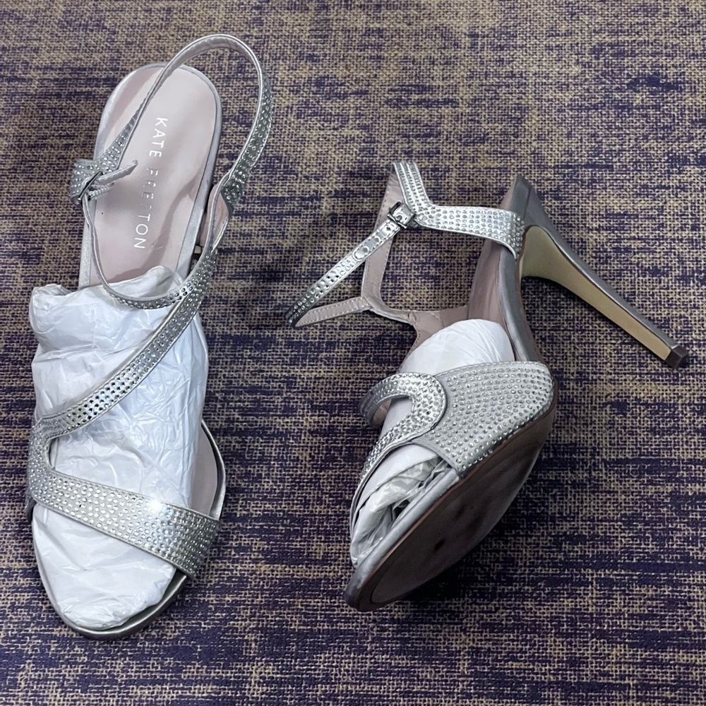 Women Kate Preston Xandy Silver Gray Studded Crystal Heels Shoes 11 Medium